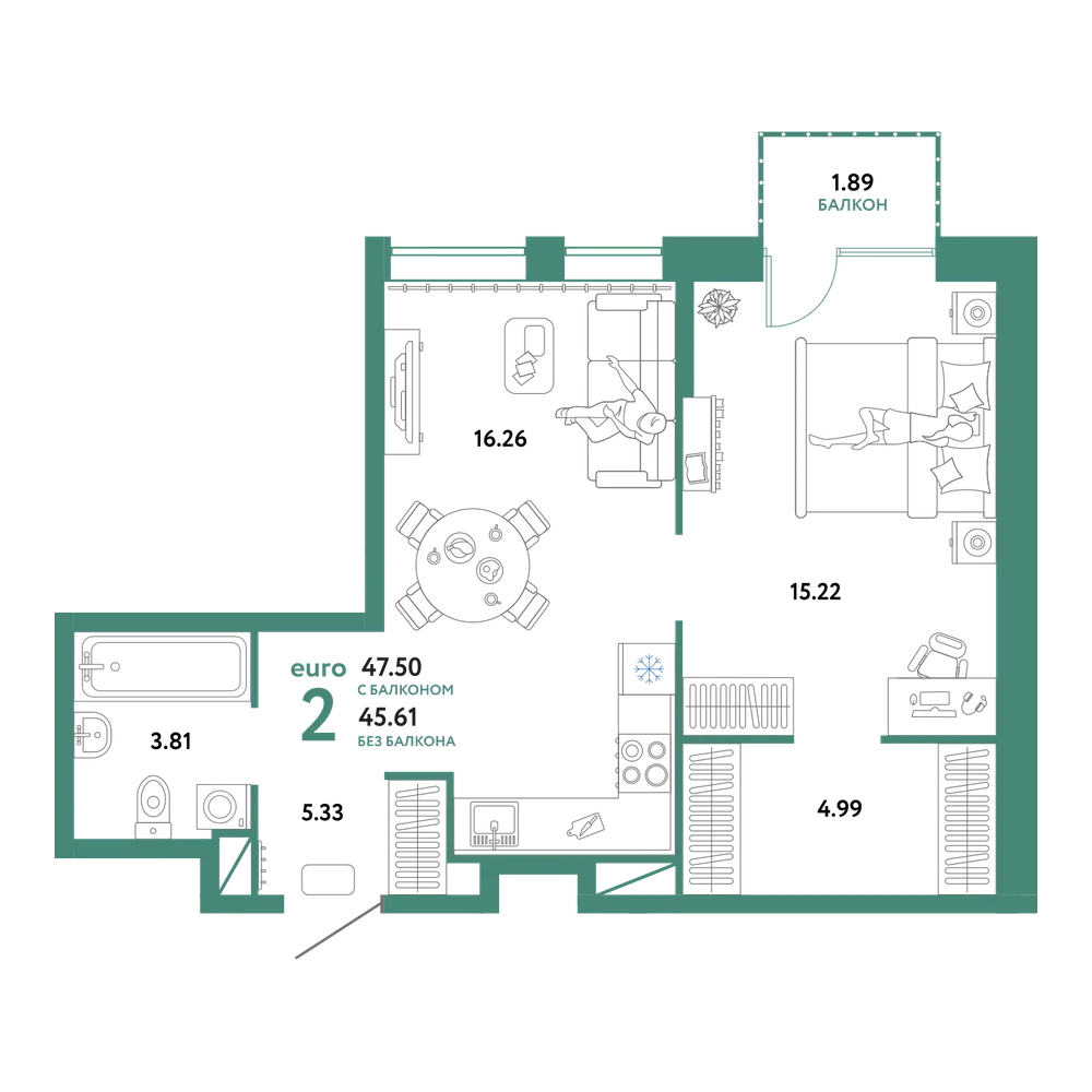 Планировка: Евродвушка 47,5 м²