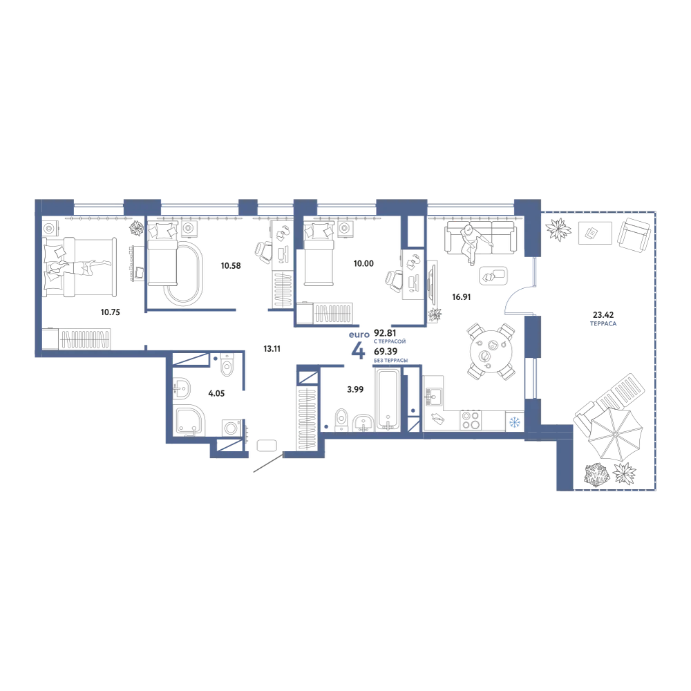 Планировка: Евро-4 92,81 м²