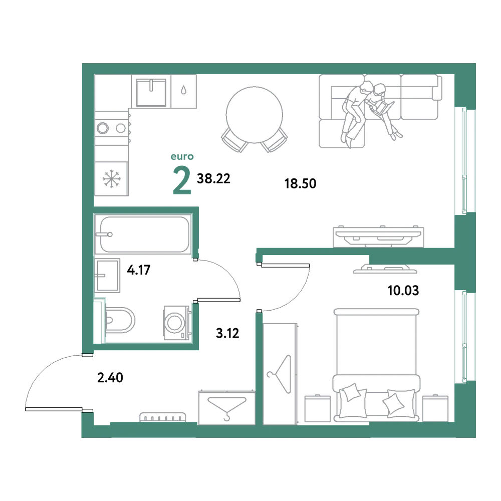 Планировка: Евродвушка 38,22 м²