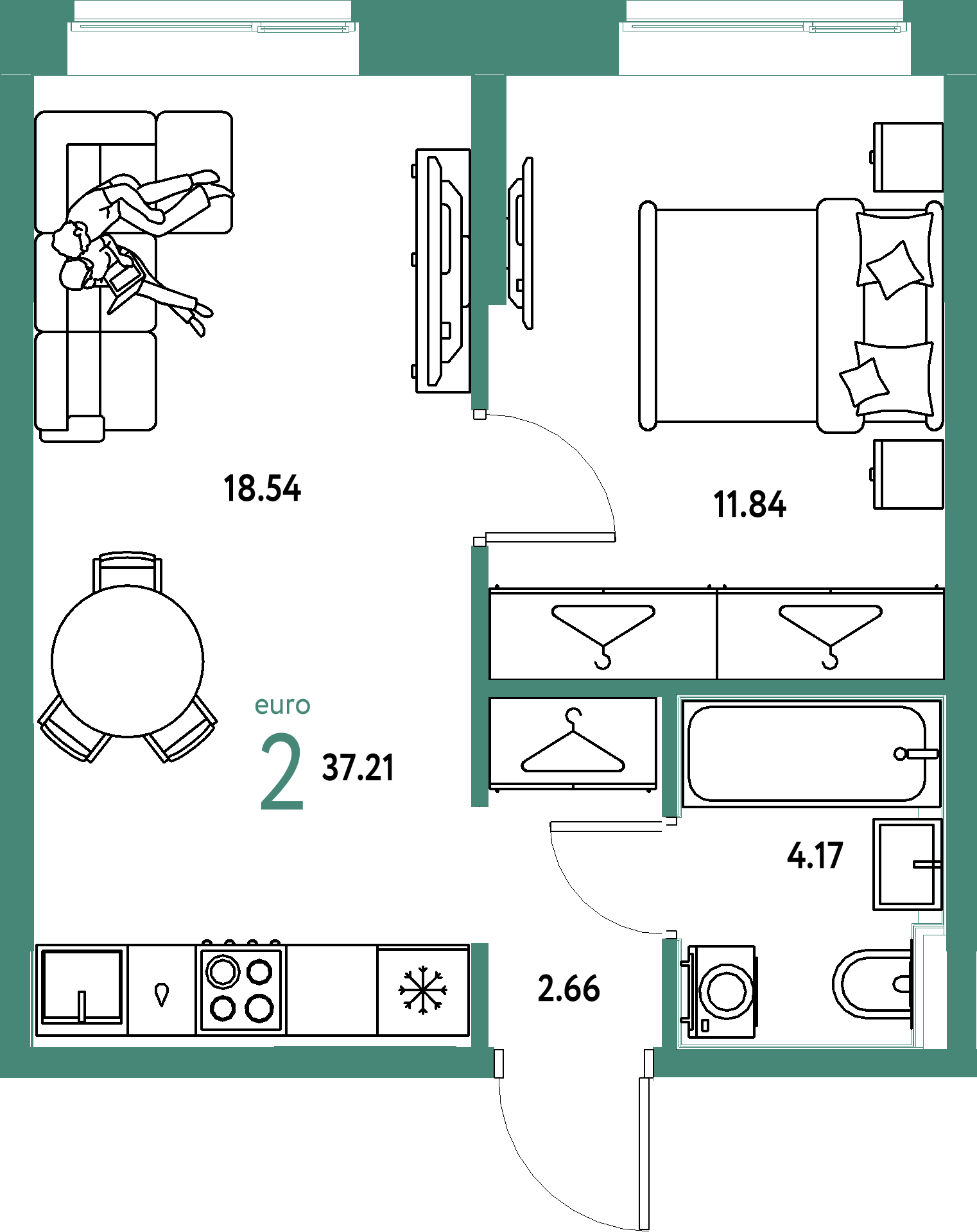 Планировка: Евродвушка 37,21 м² в ЖК «Европейский берег 2.0»