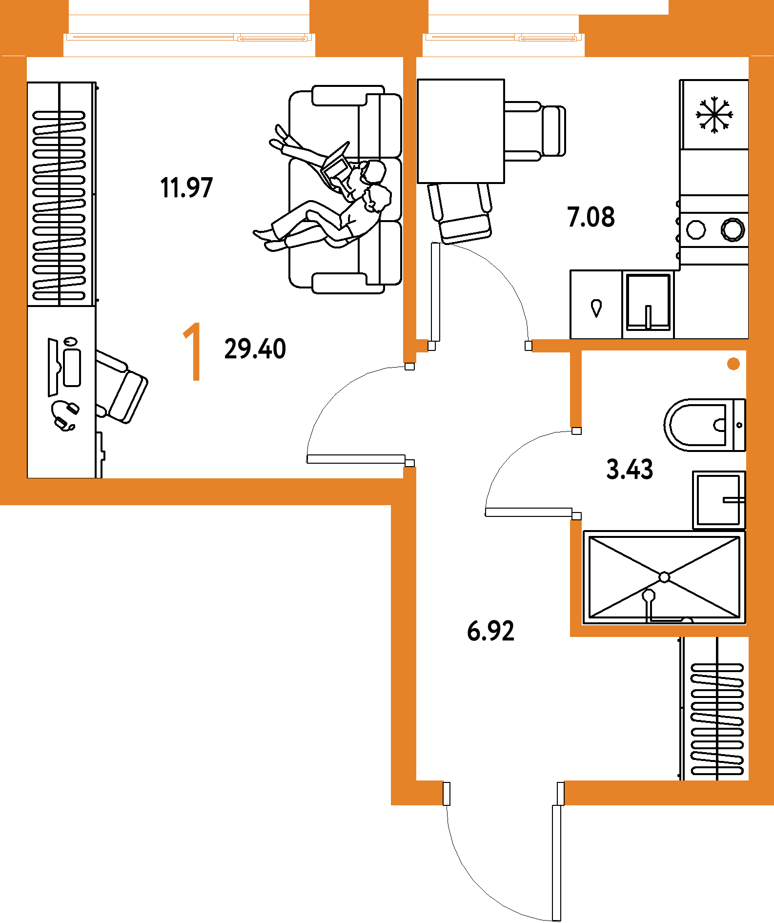 Планировка: 1-комнатная 29,4 м² в ЖК «Домашний»