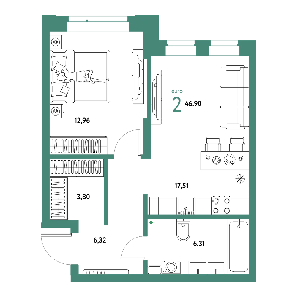 Планировка: Евродвушка 46,9 м²