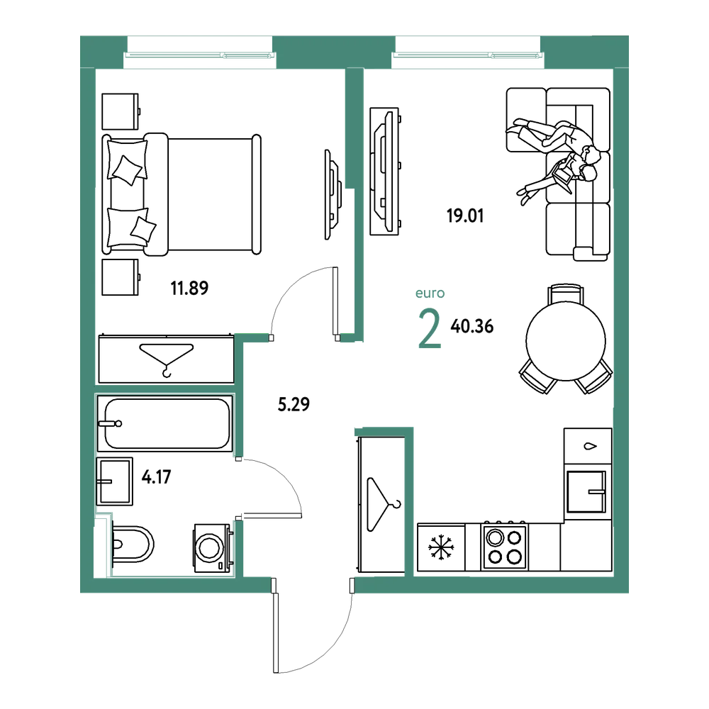 Планировка: Евродвушка 40,36 м²