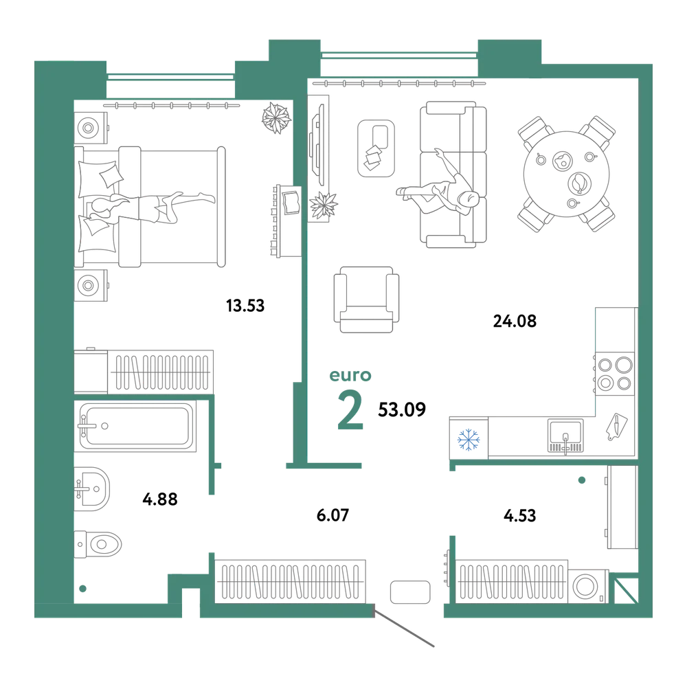 Планировка: Евродвушка 53,09 м²