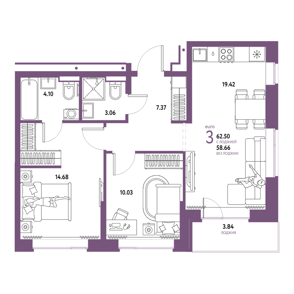 Планировка: Евротрёшка 62,5 м²