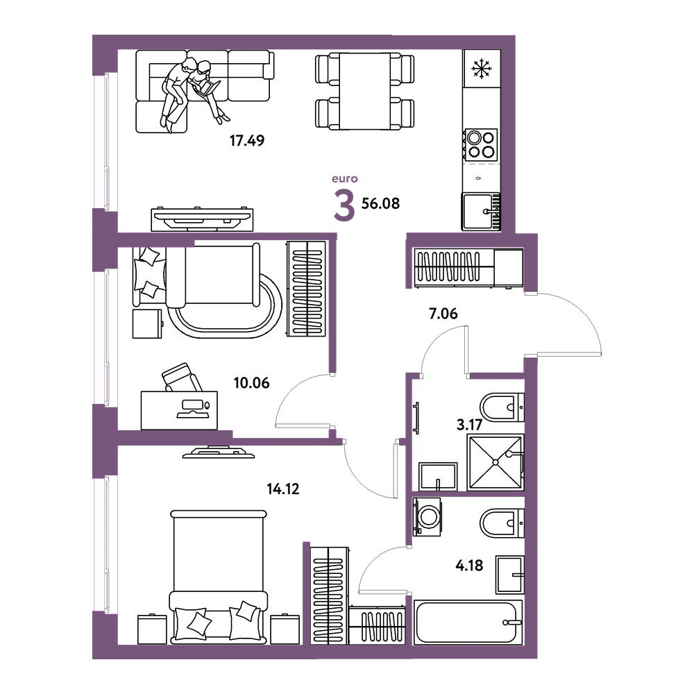 Планировка: Евротрёшка 56,08 м²