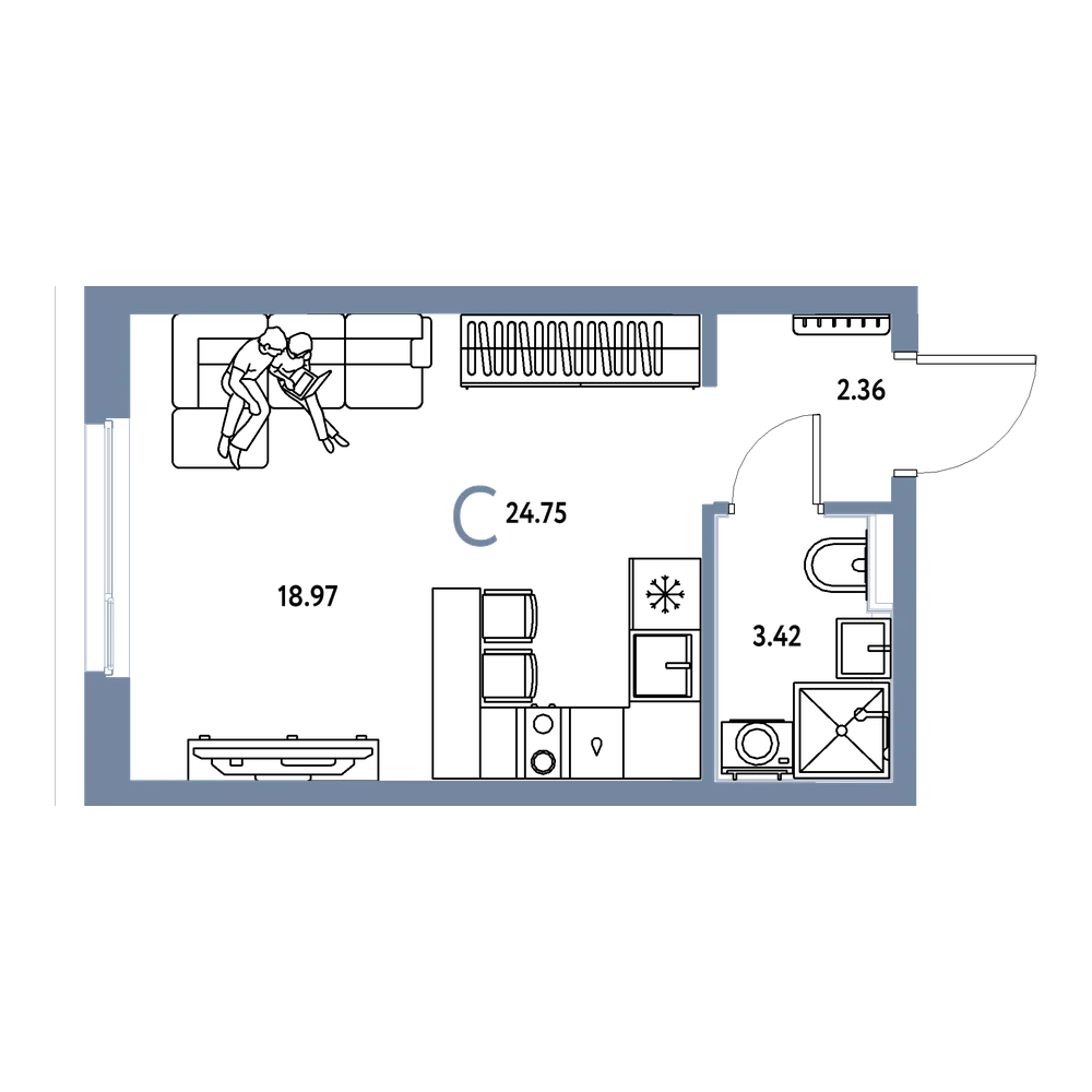 Планировка: Студия 24,75 м²