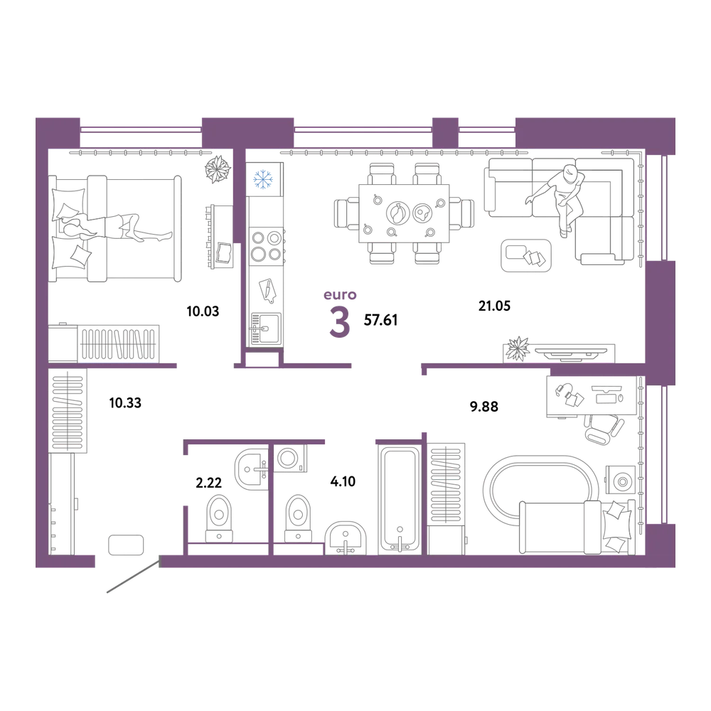 Планировка: Евротрёшка 57,61 м²