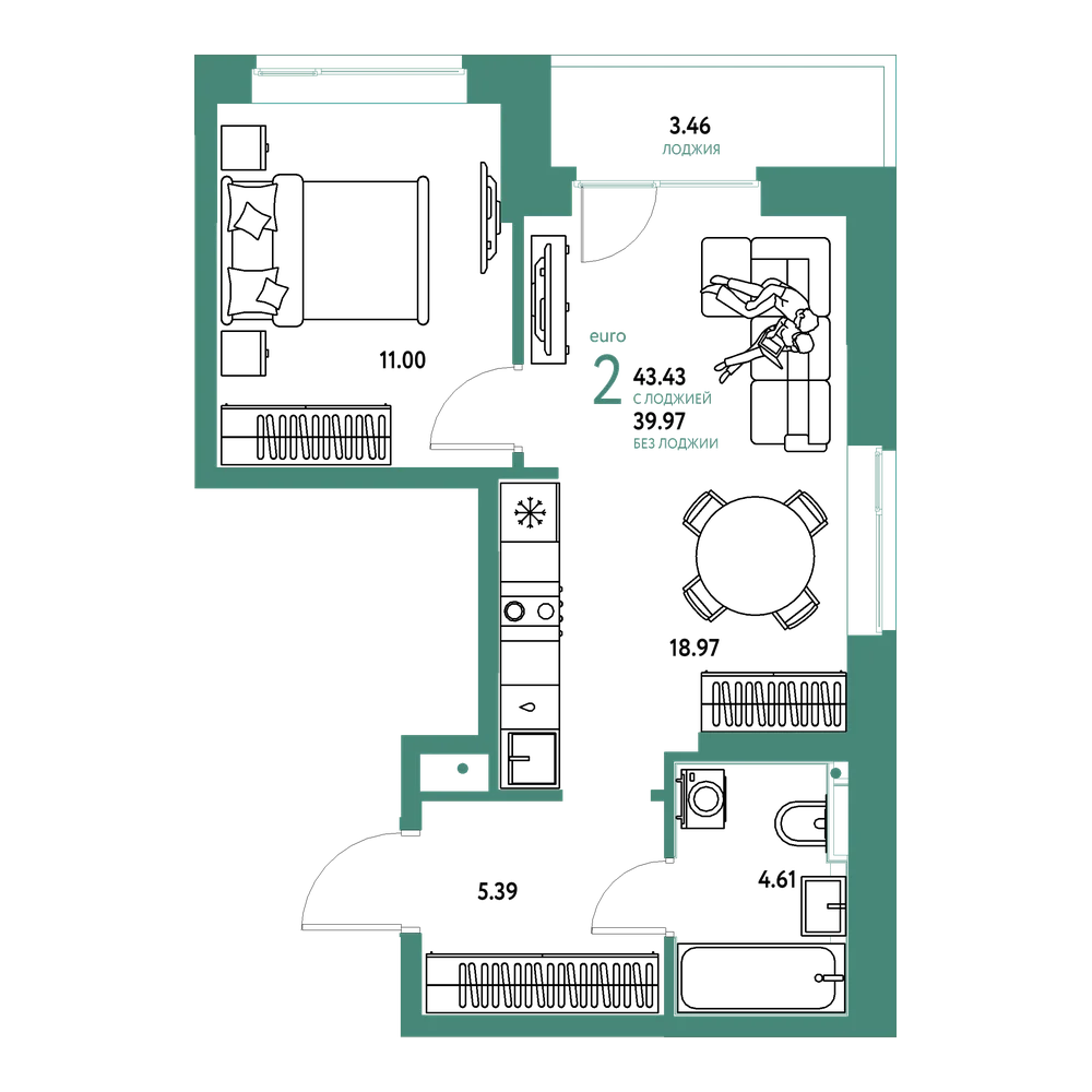 Планировка: Евродвушка 43,43 м²