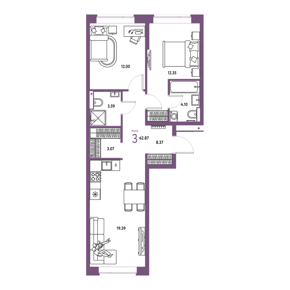 Планировка: Евротрёшка 62,87 м²