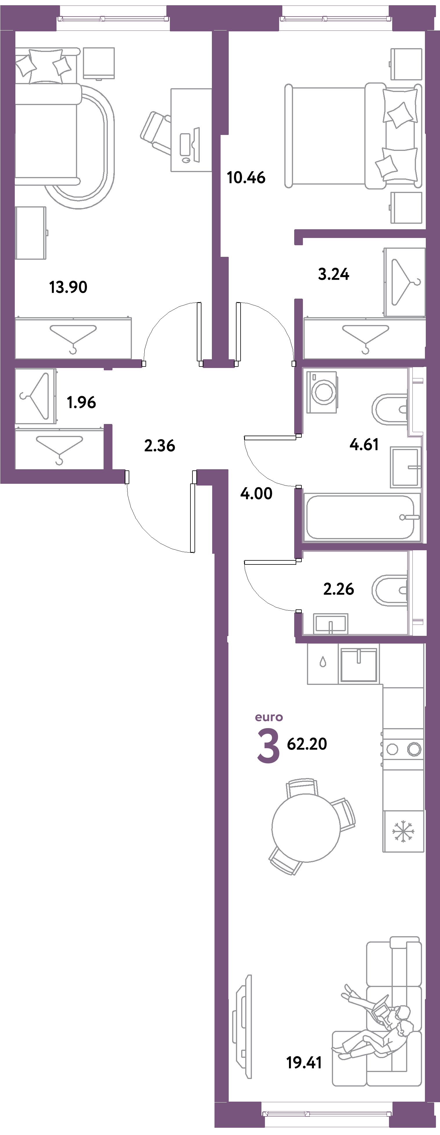 Планировка: Евротрёшка 62,2 м² в ЖК «Остров-сад»
