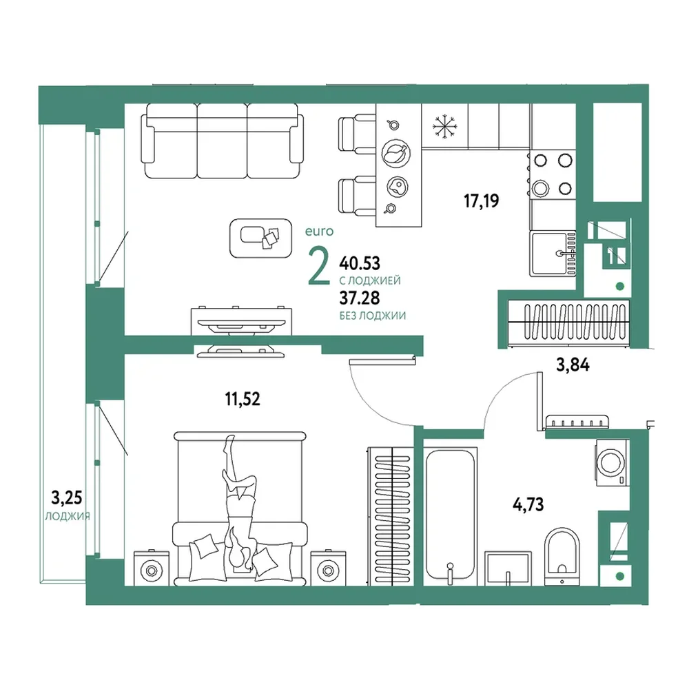 Планировка: Евродвушка 40,53 м²