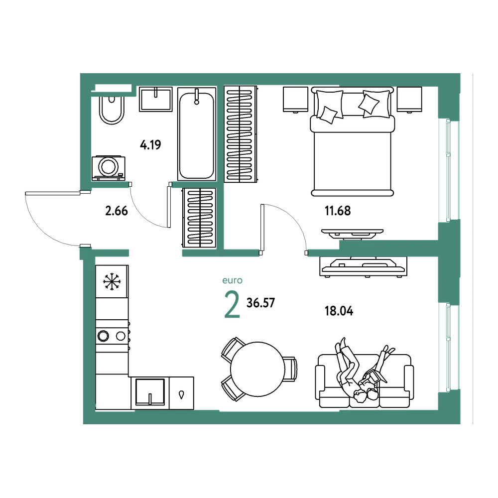 Планировка: Евродвушка 36,57 м²