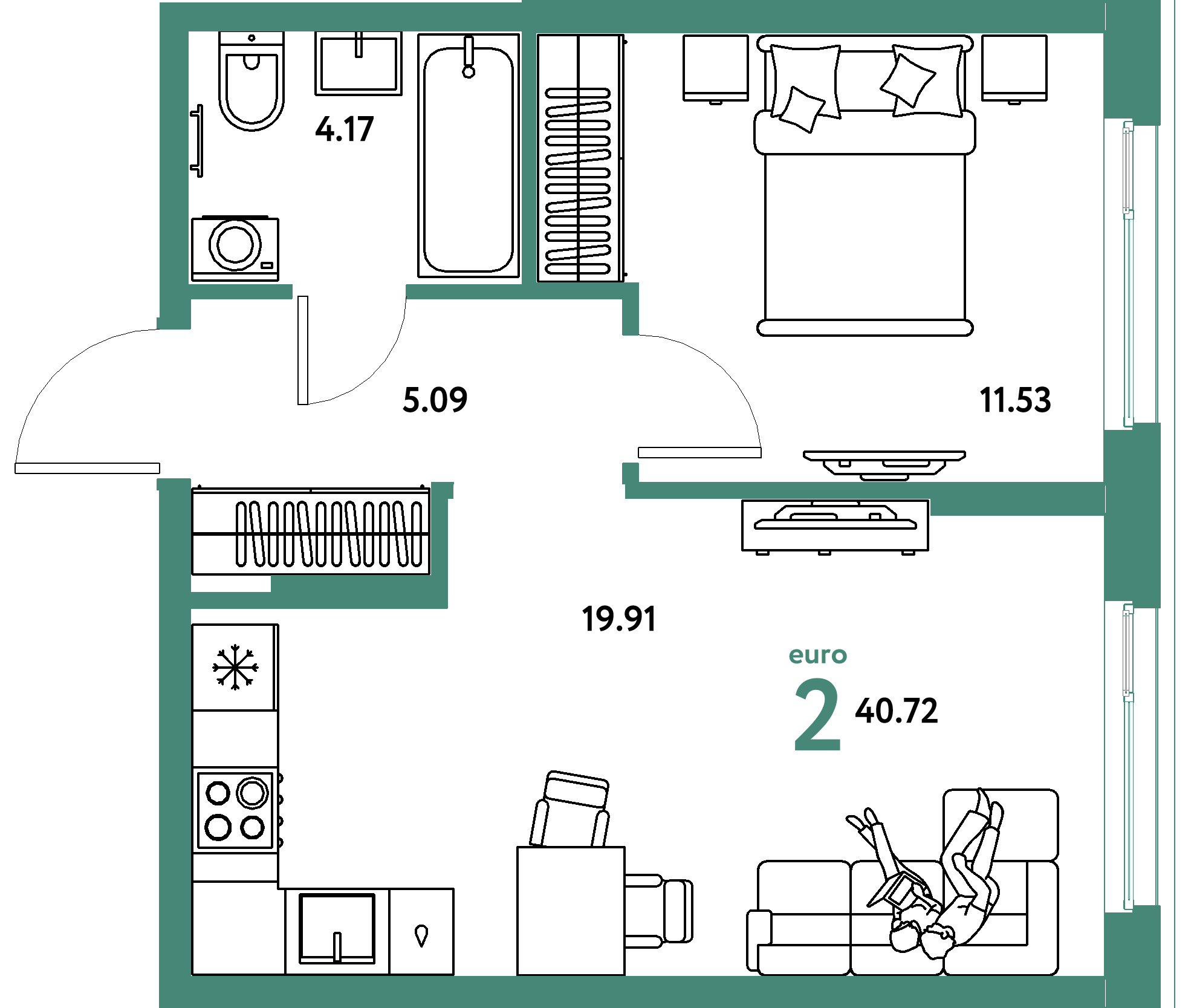Планировка: Евродвушка 40,72 м² в ЖК «Европейский берег 2.0»