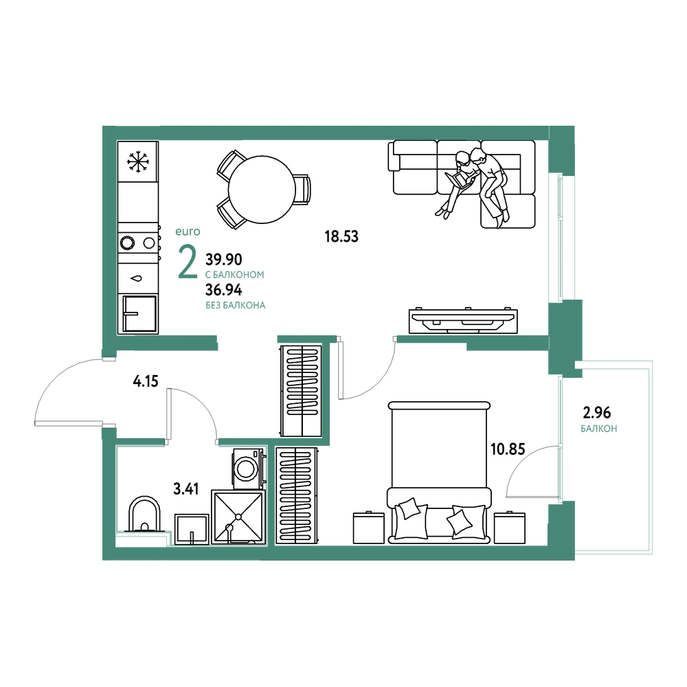Планировка: Евродвушка 39,62 м²