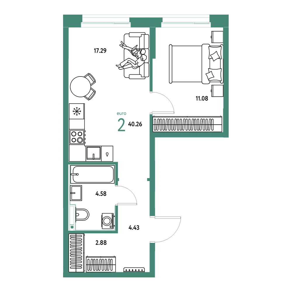 Планировка: Евродвушка 40,26 м²