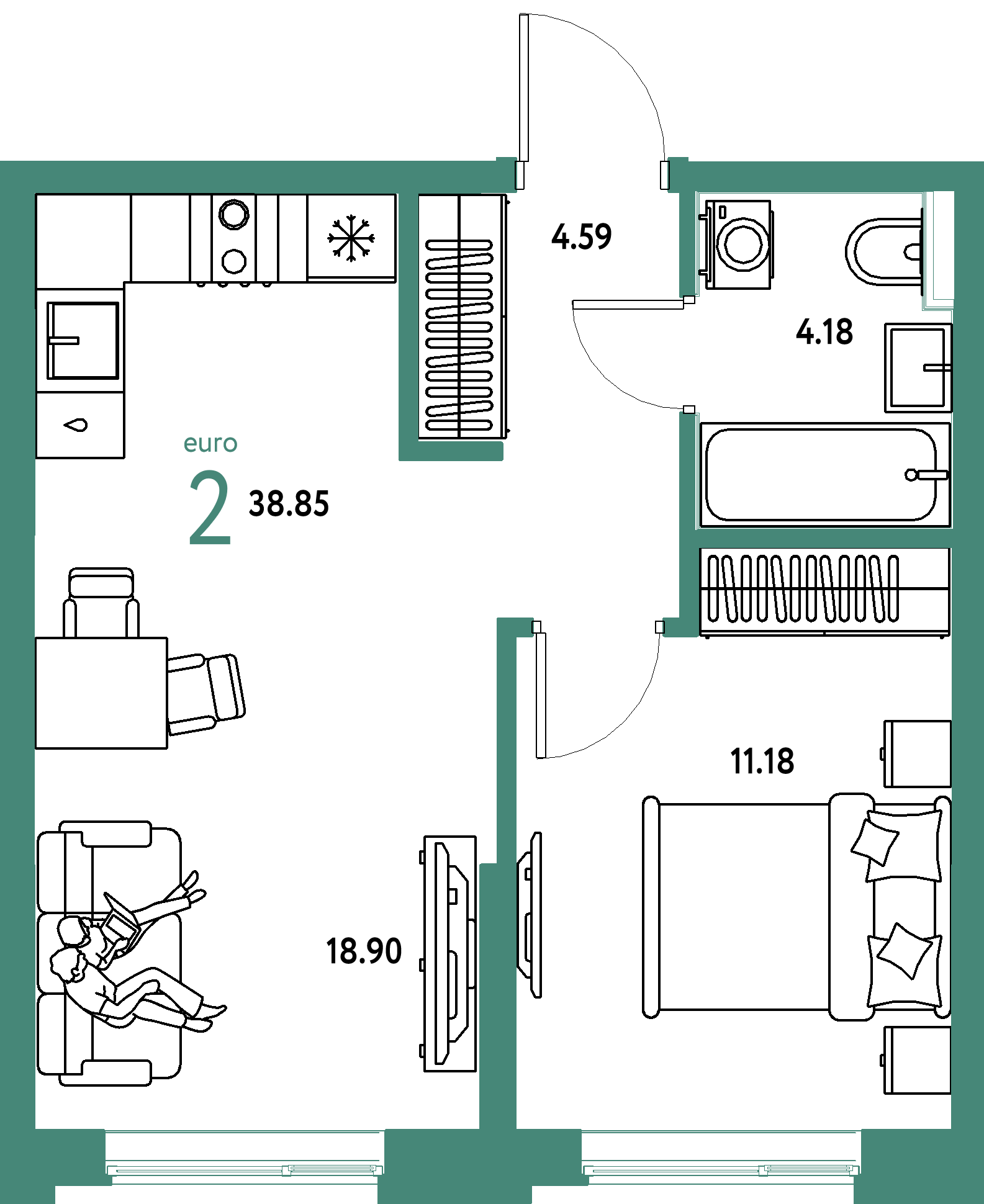 Планировка: Евродвушка 38,83 м² в ЖК «Остров-сад»