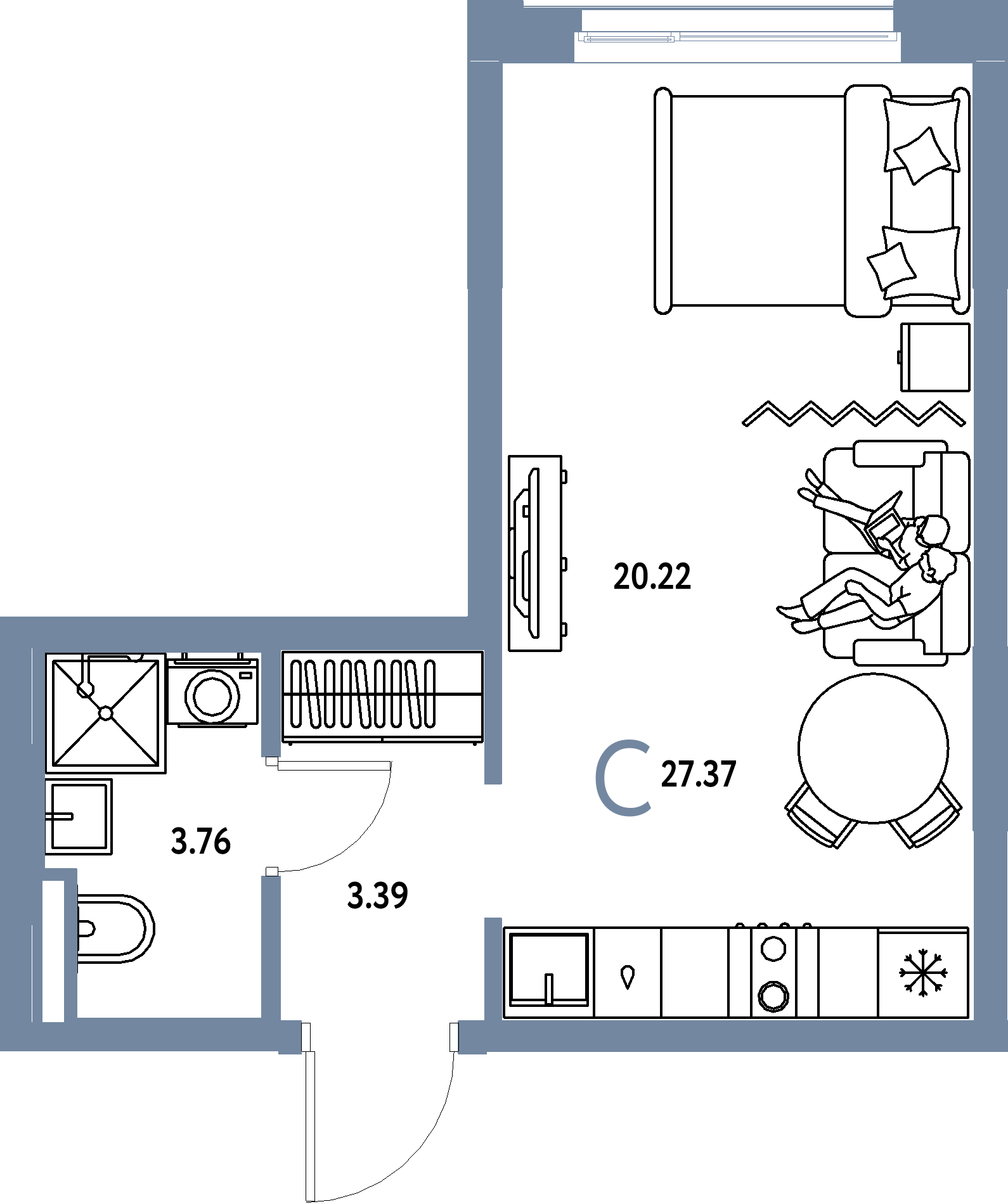 Планировка: Студия 27,37 м² в ЖК «Домашний»
