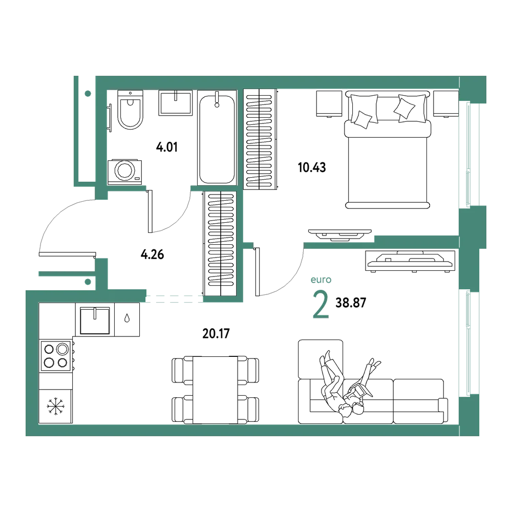 Планировка: Евродвушка 38,87 м²