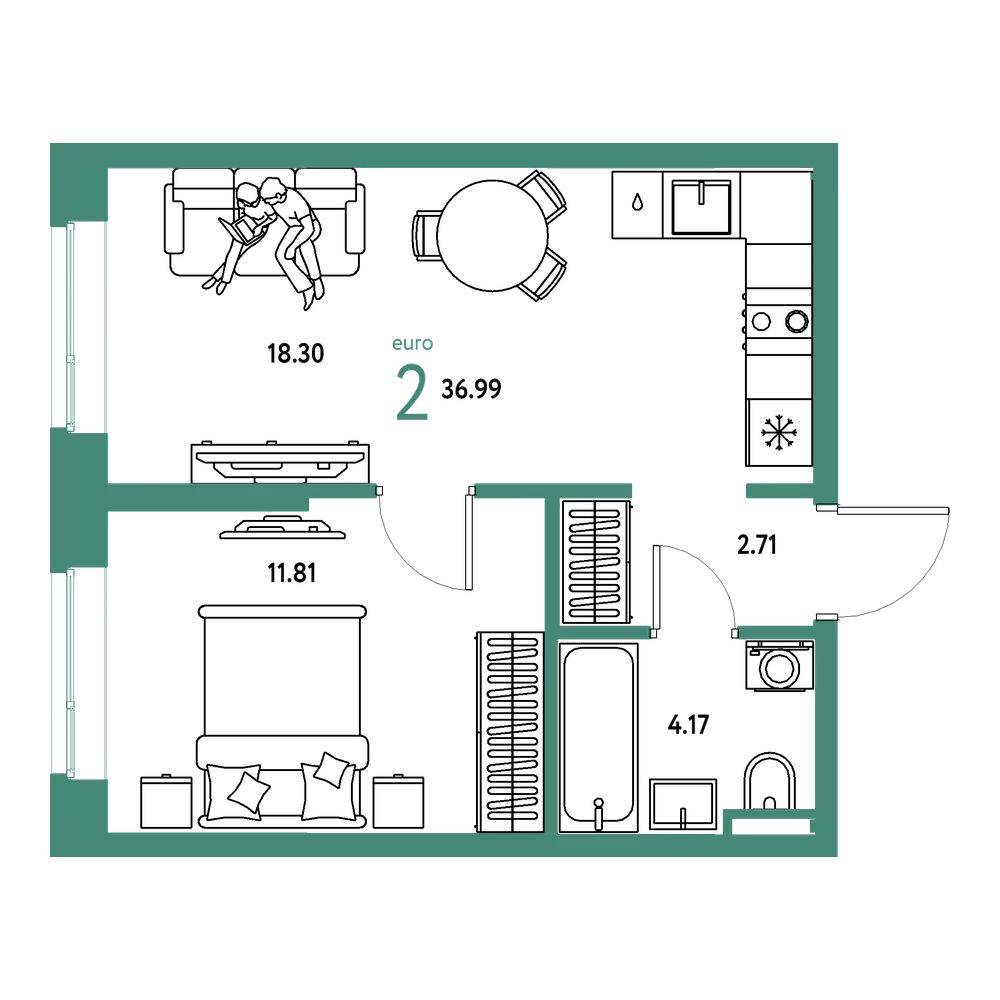 Планировка: Евродвушка 36,99 м²