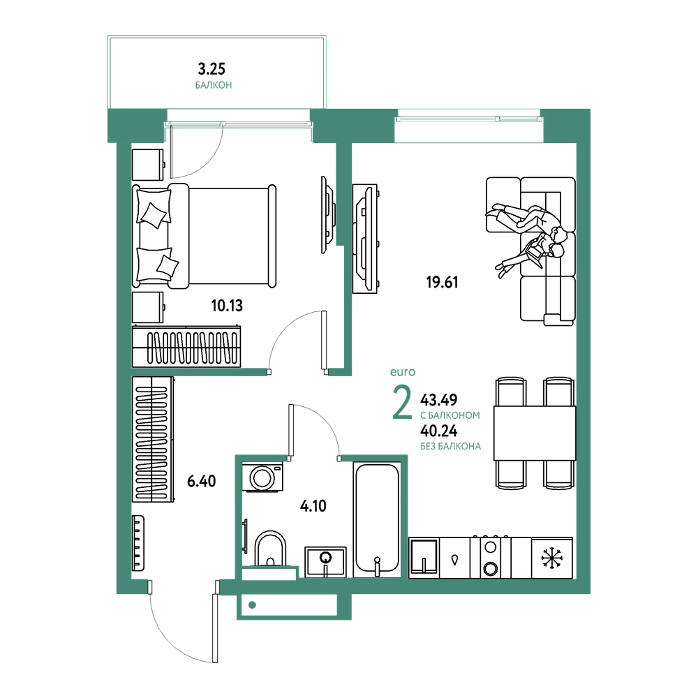 Планировка: Евродвушка 43,49 м²