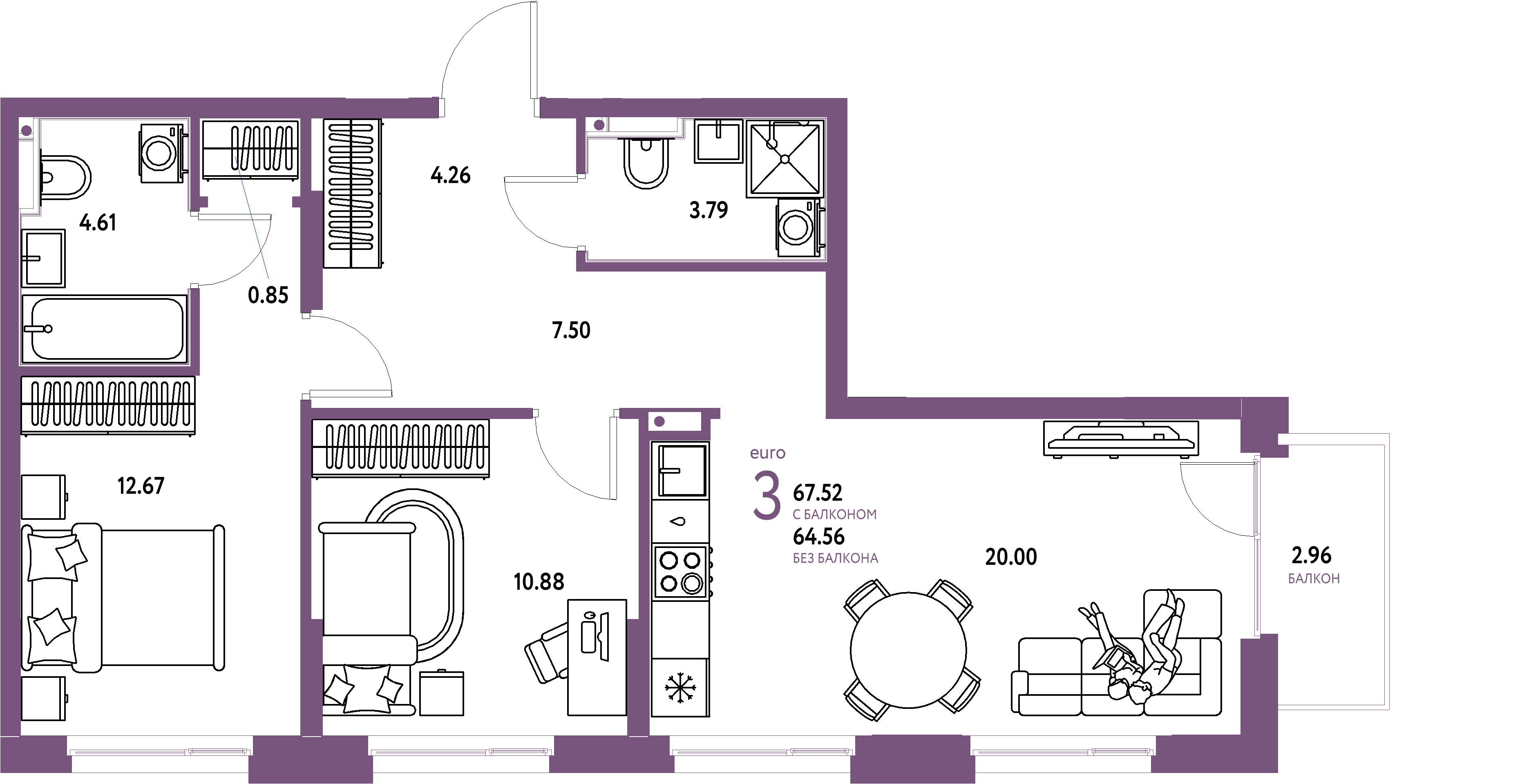 Планировка: Евротрёшка 67,24 м² в ЖК «Домашний»