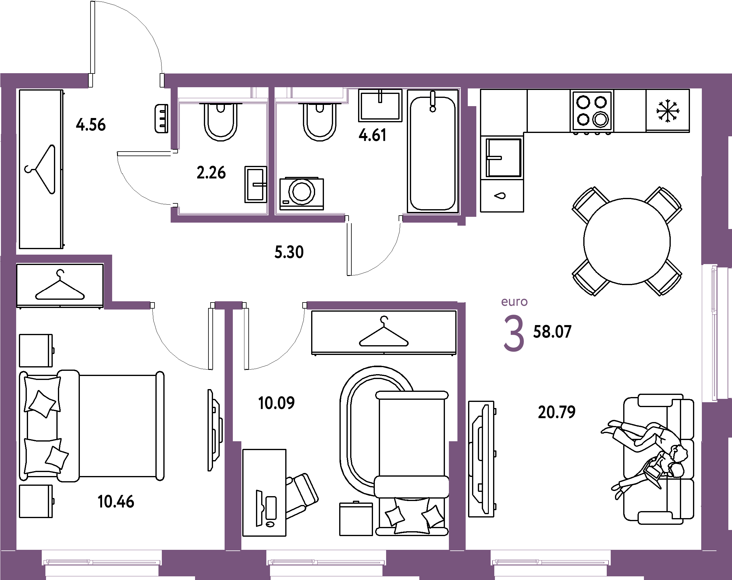 Планировка: Евротрёшка 58,07 м² в ЖК «Европейский берег 2.0»