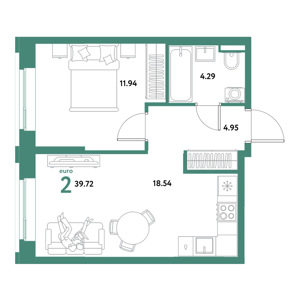 Планировка: Евродвушка 39,72 м²