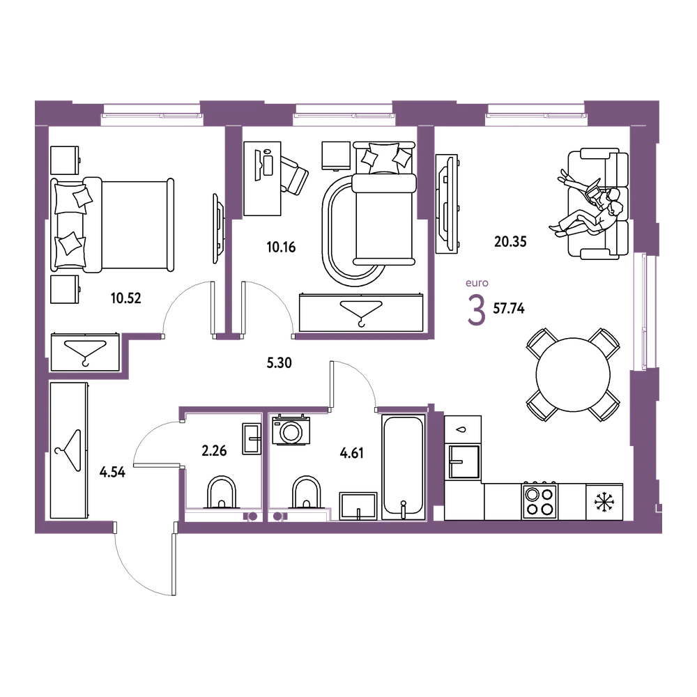 Планировка: Евротрёшка 57,74 м²