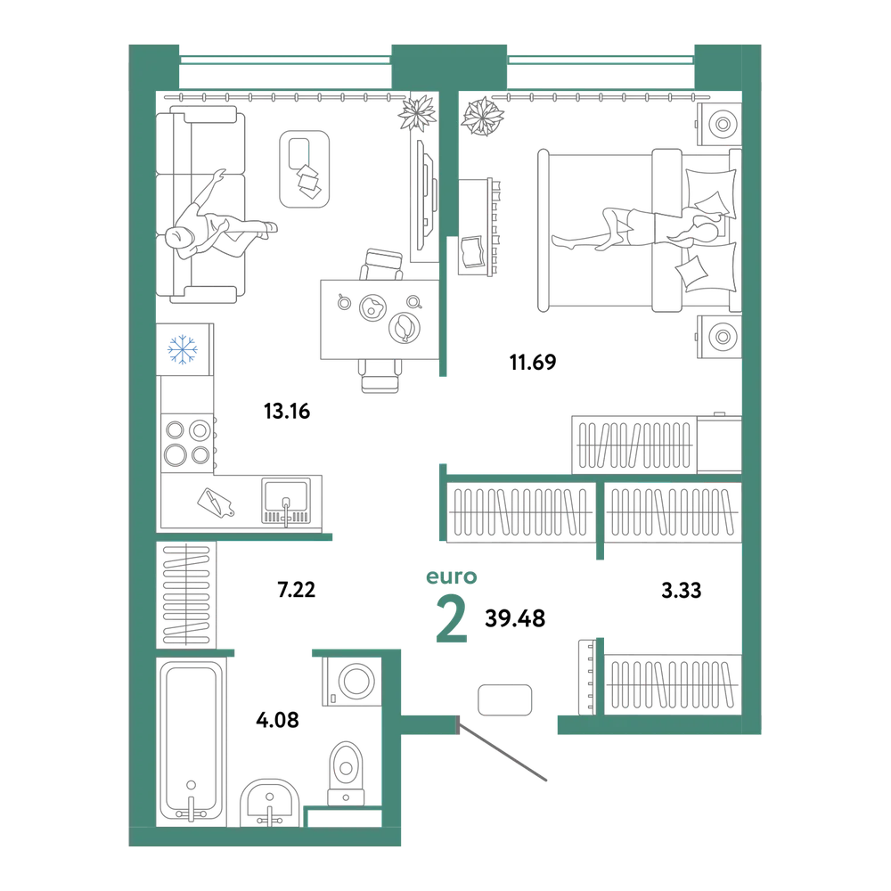 Планировка: Евродвушка 39,48 м²
