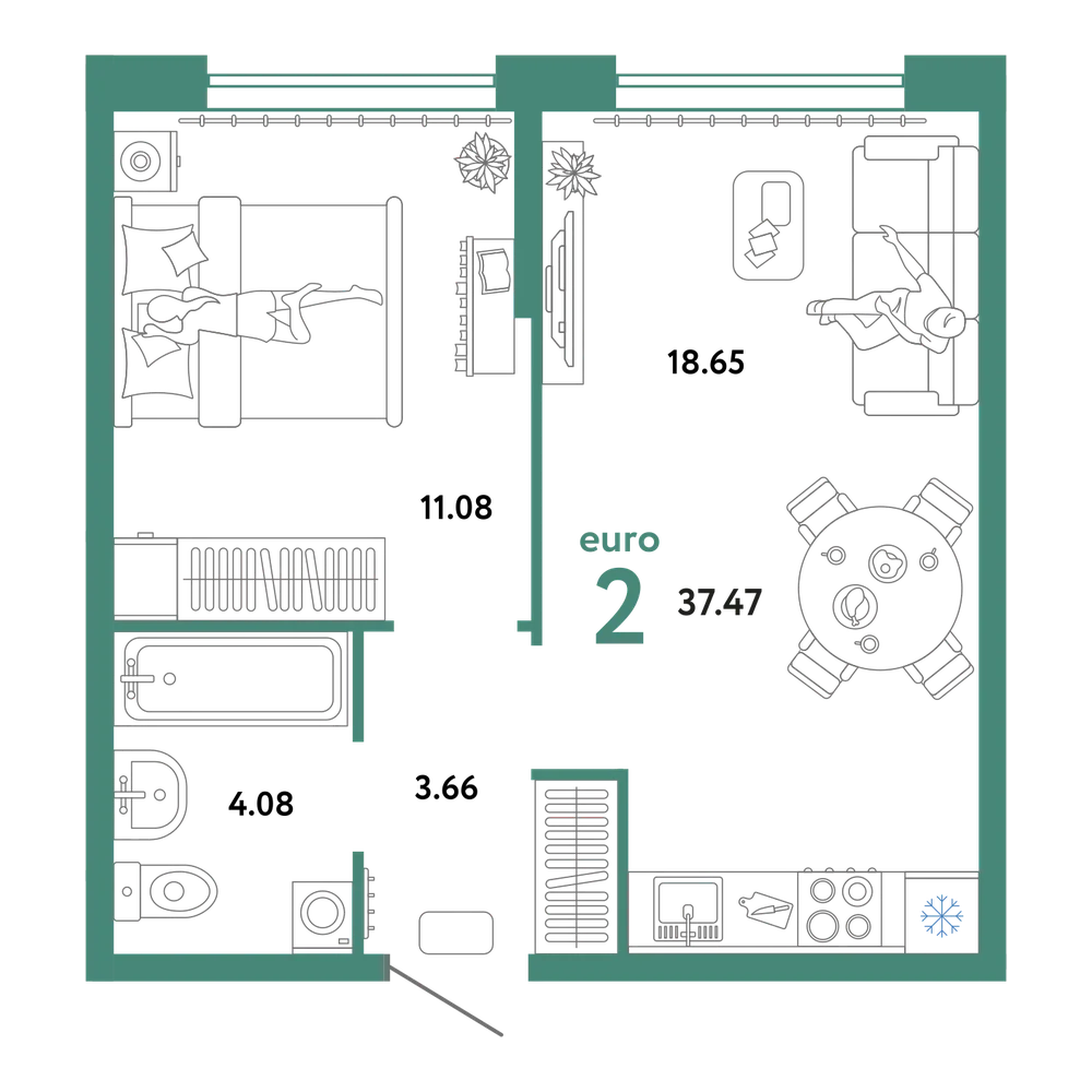 Планировка: Евродвушка 37,47 м²