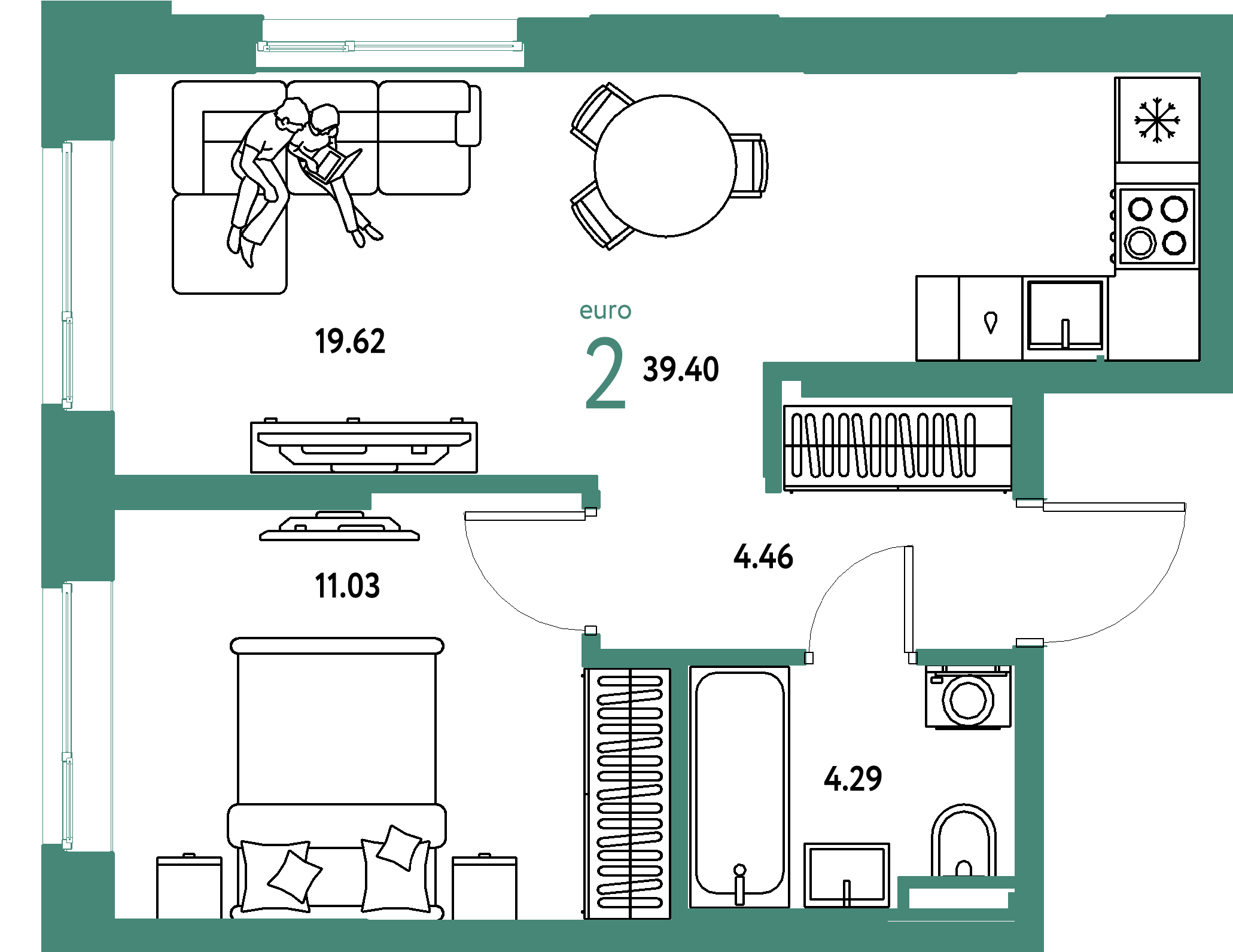 Планировка: Евродвушка 39,4 м² в ЖК «Остров-сад»