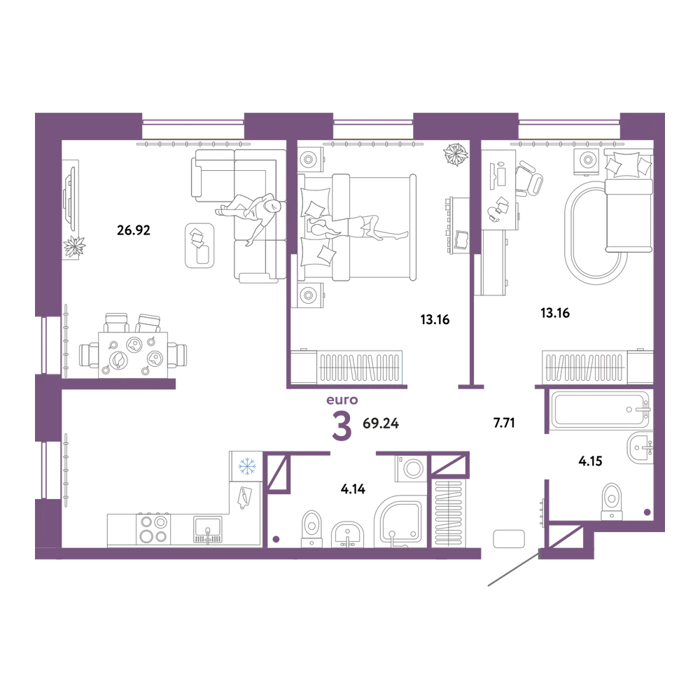 Планировка: Евротрёшка 69,24 м²