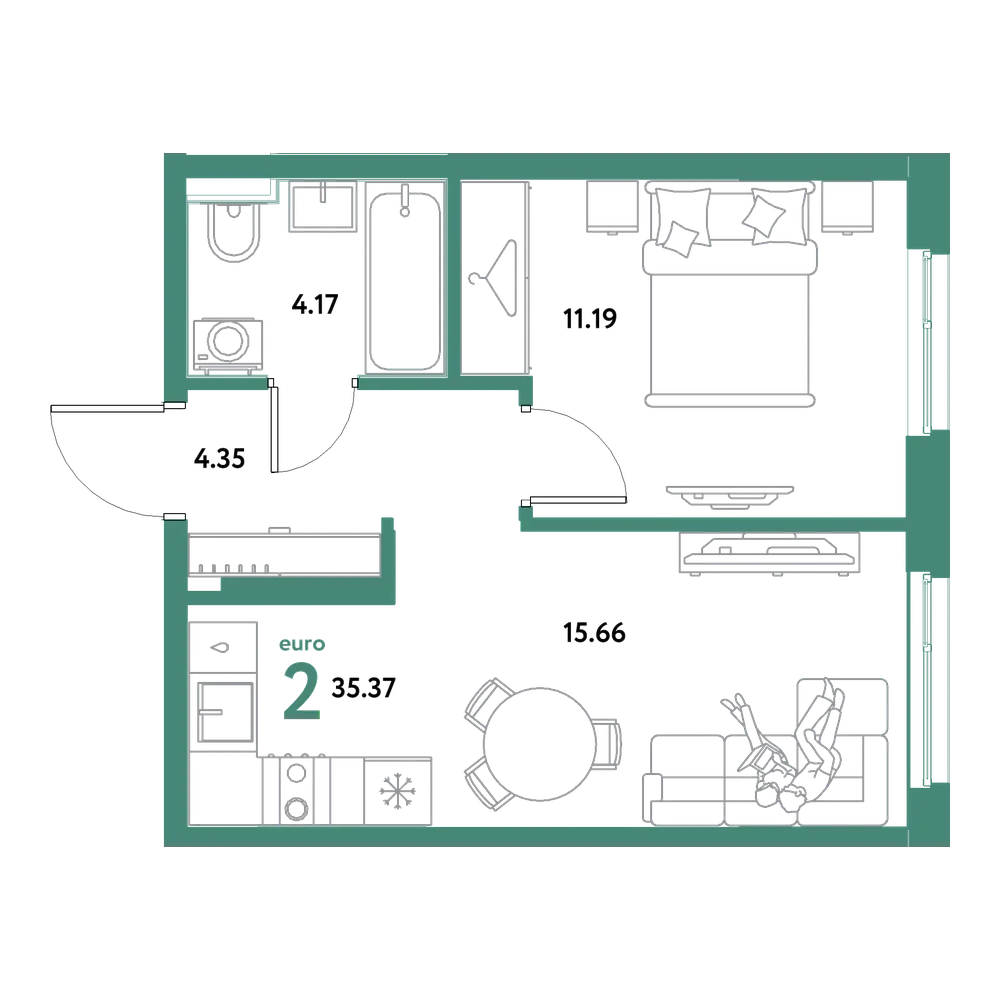 Планировка: Евродвушка 35,37 м²