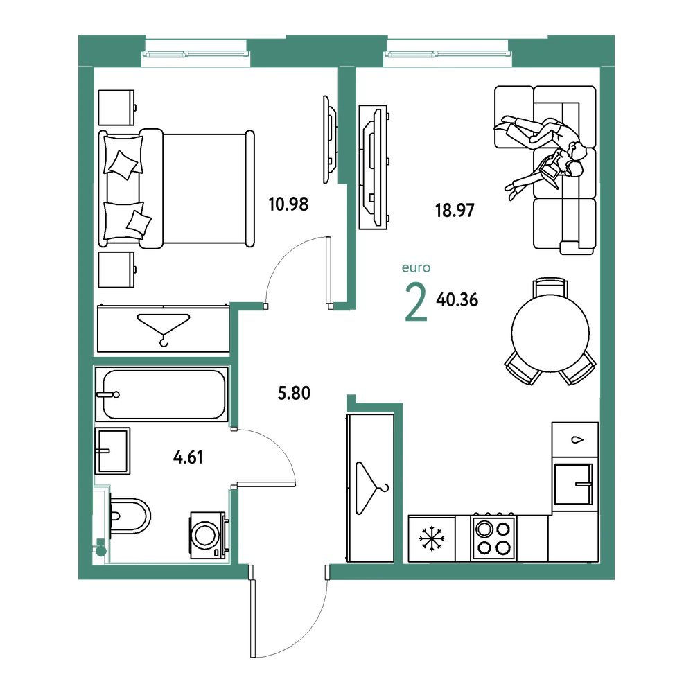 Планировка: Евродвушка 40,36 м²