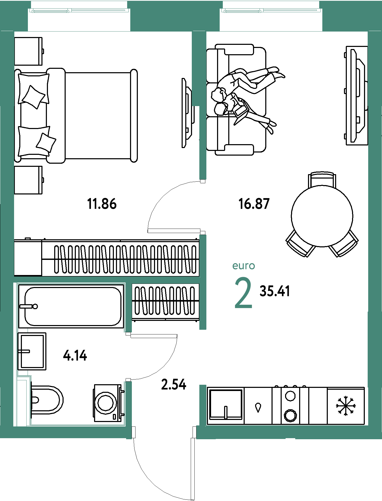 Планировка: Евродвушка 35,41 м² в ЖК «Домашний»