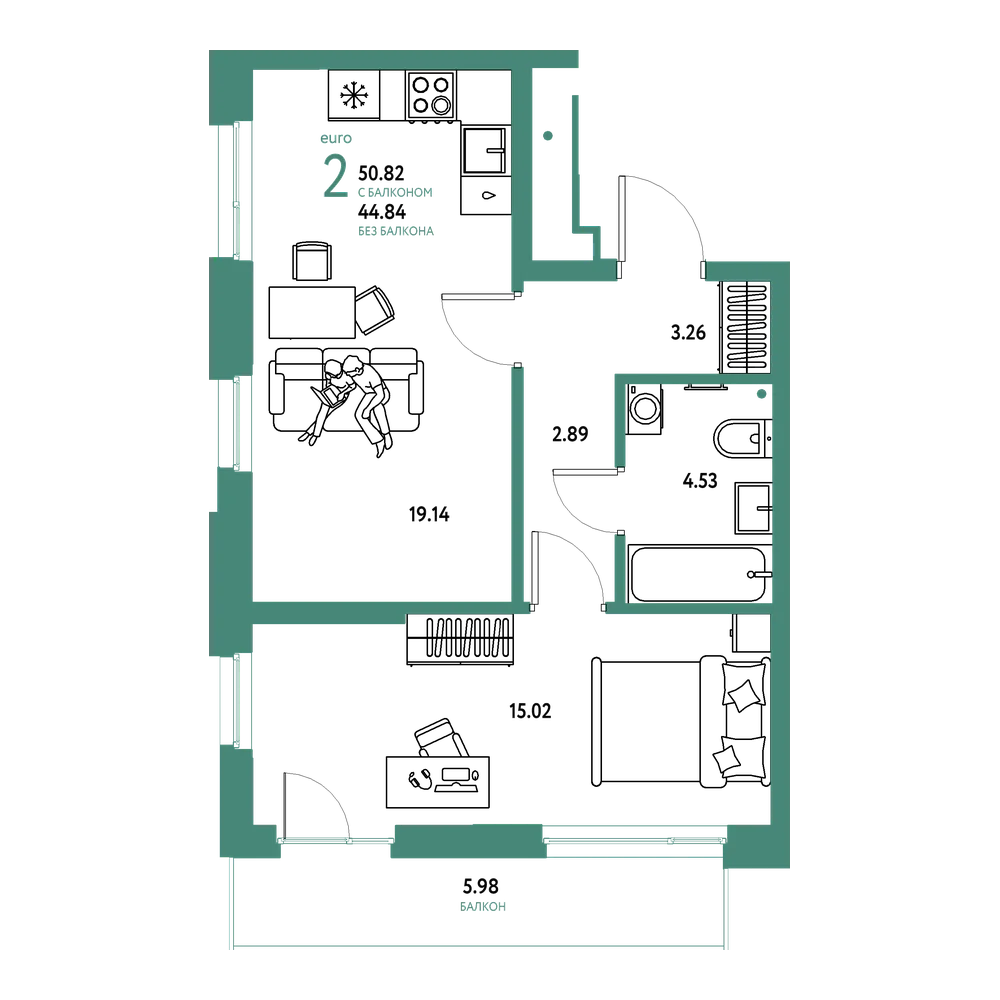 Планировка: Евродвушка 50,82 м²