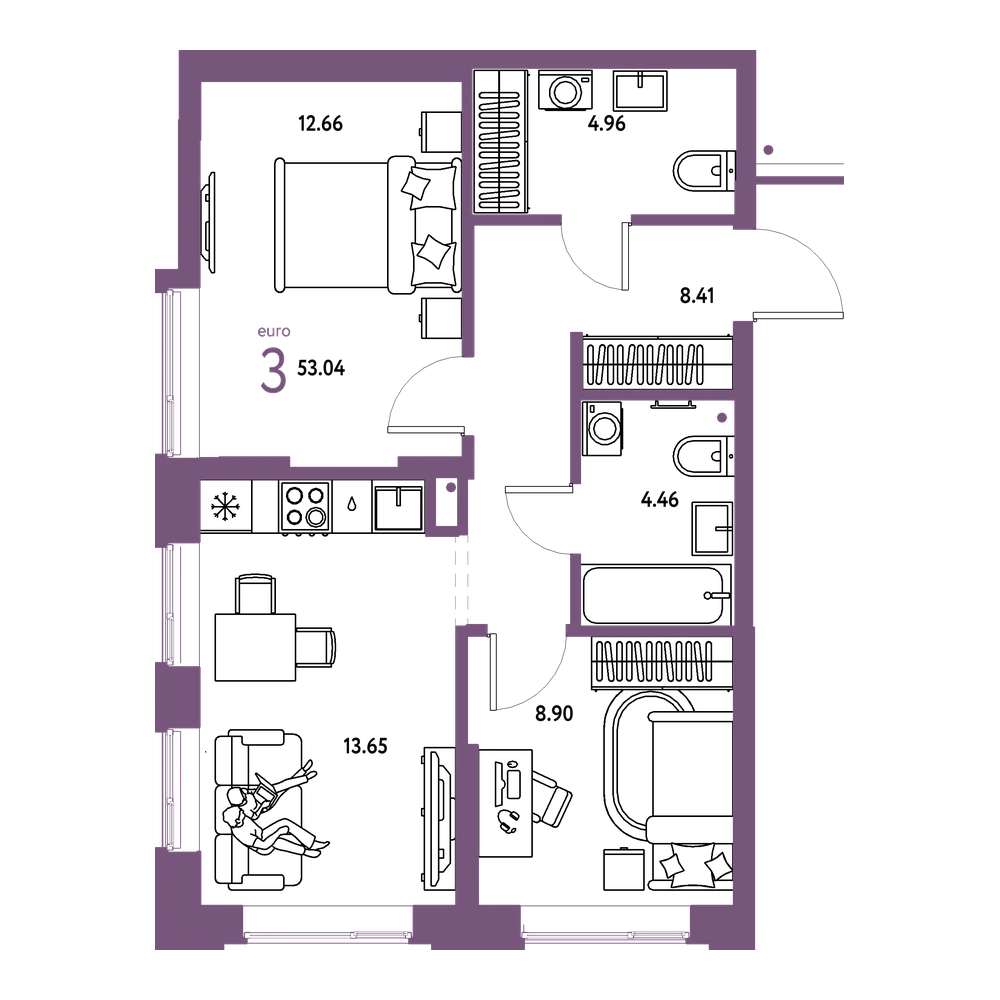 Планировка: Евротрёшка 53,04 м²