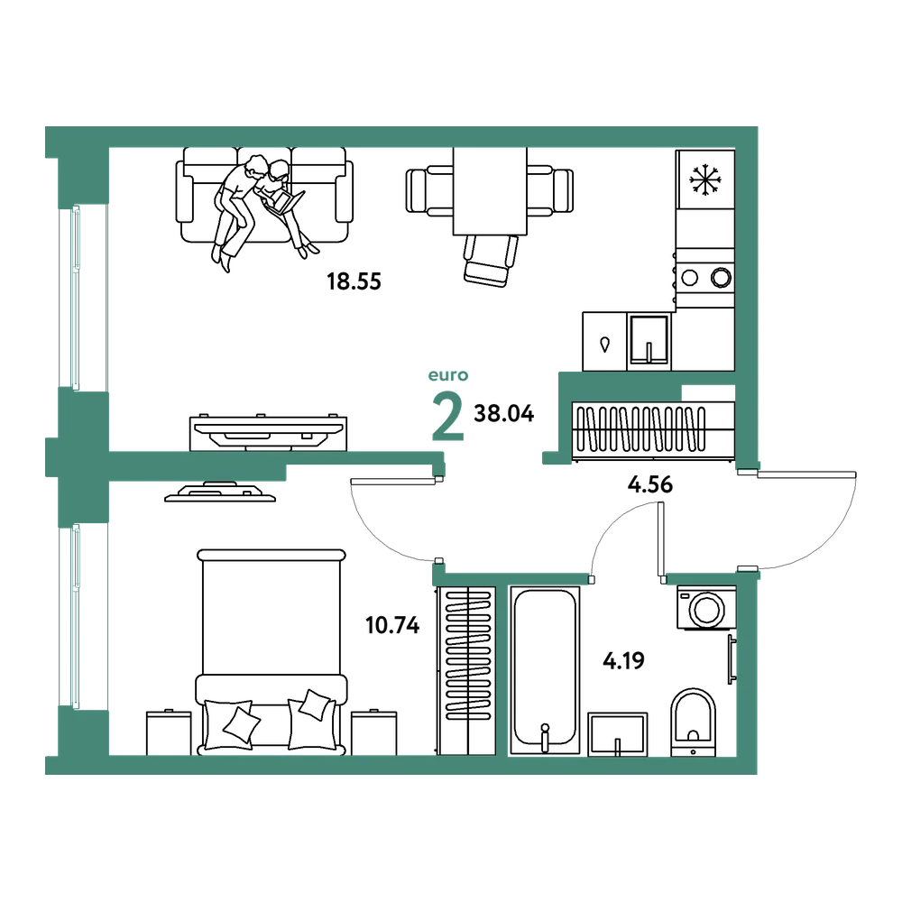 Планировка: Евродвушка 38,04 м²