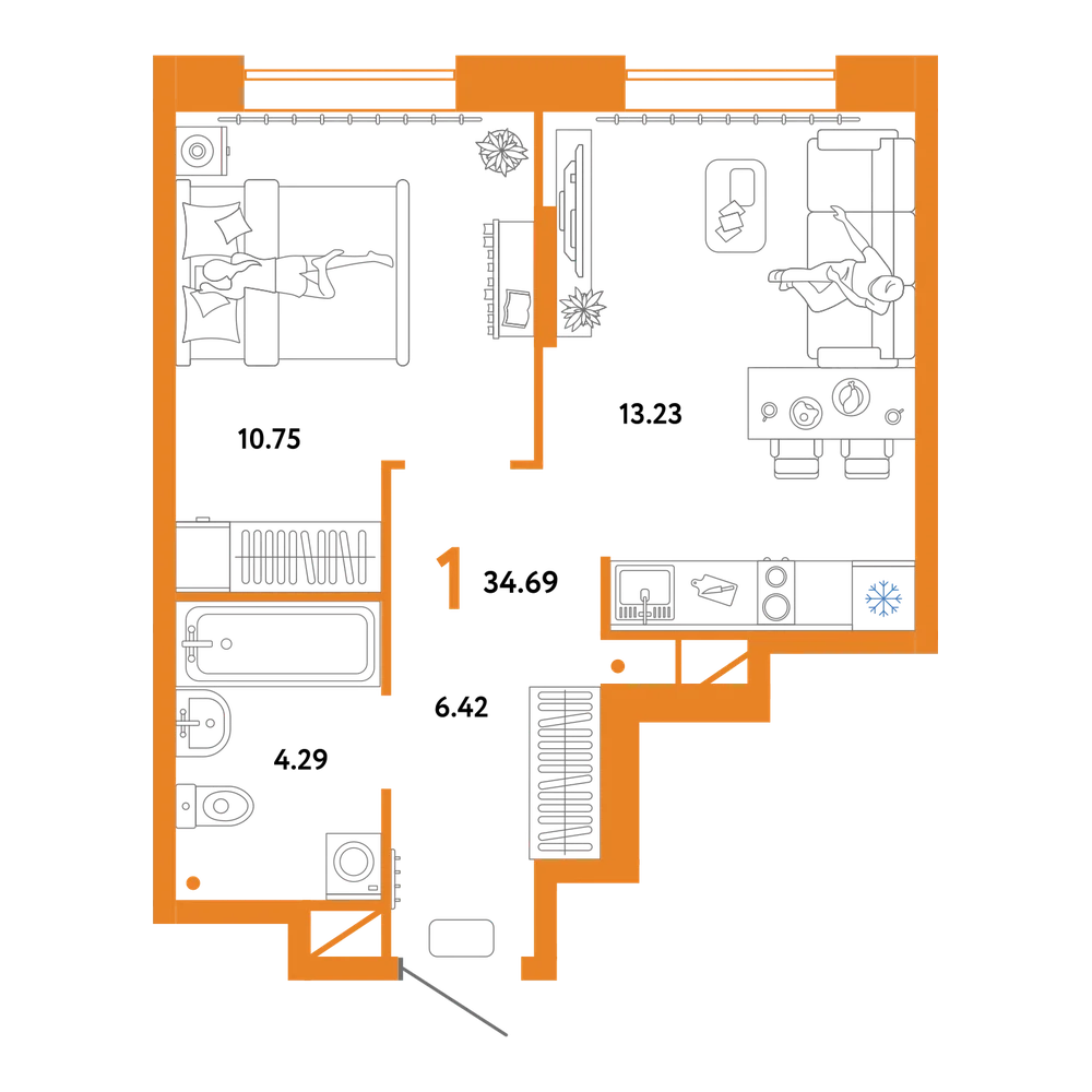 Планировка: 1-комнатная 34,69 м²