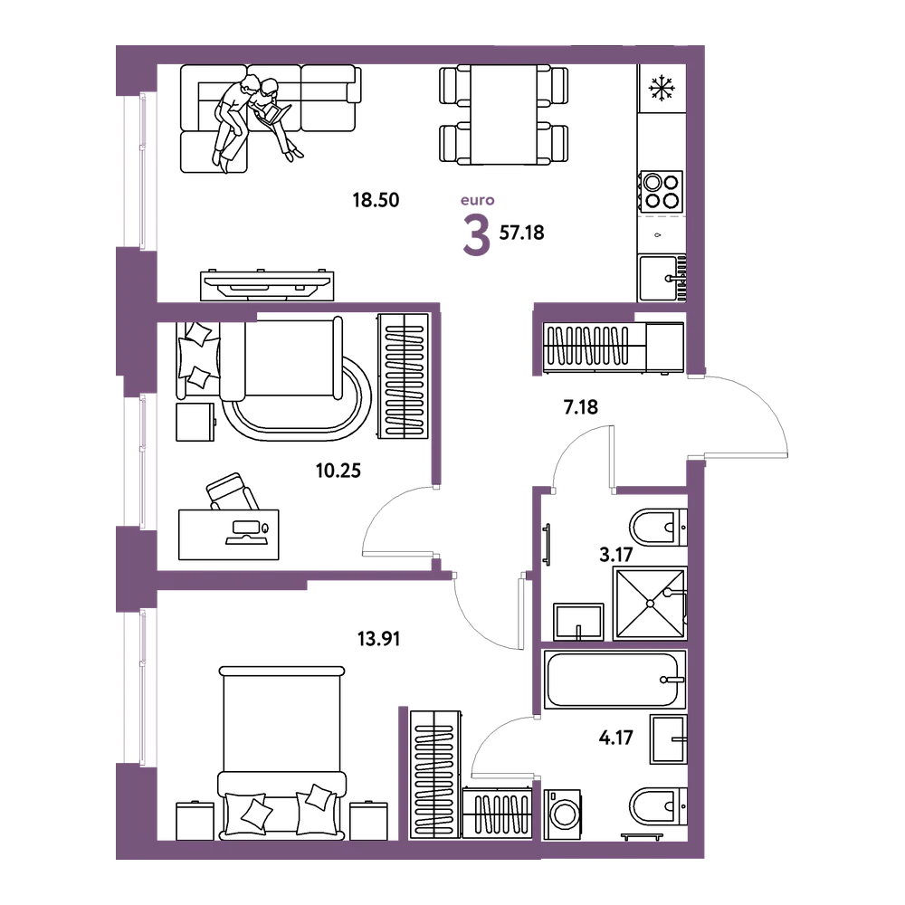 Планировка: Евротрёшка 57,18 м²