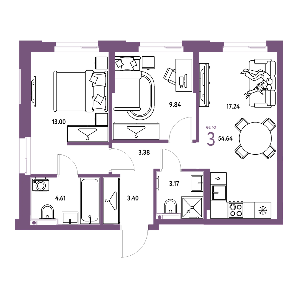 Планировка: Евротрёшка 54,64 м²