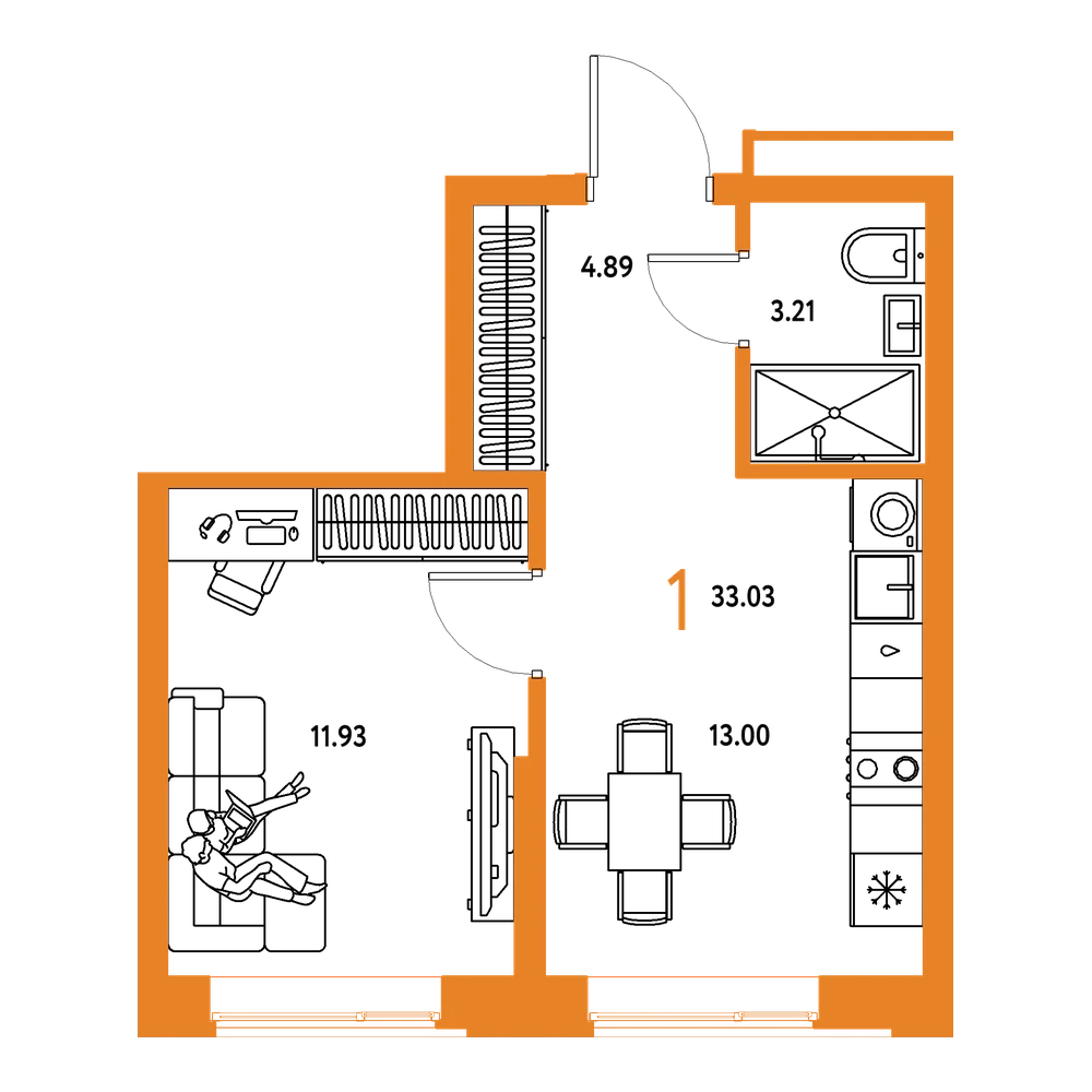 Планировка: 1-комнатная 33,03 м²