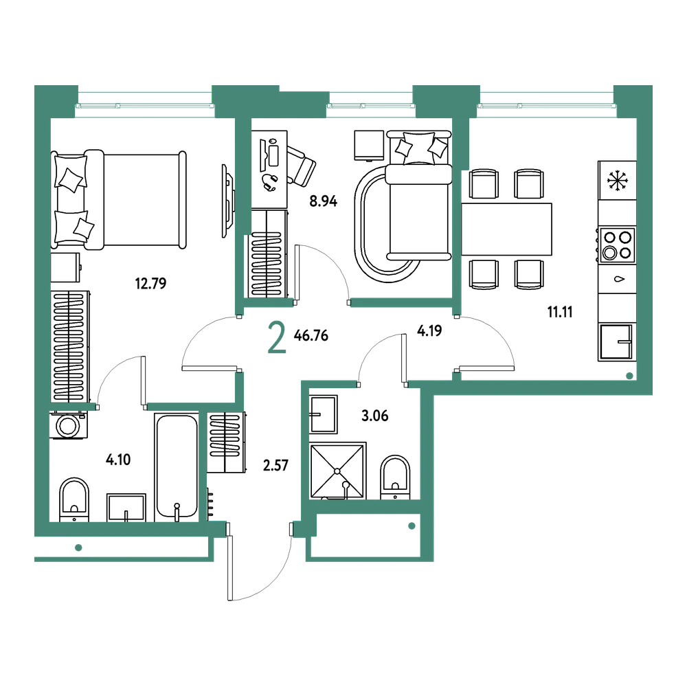 Планировка: 2-комнатная 46,76 м²