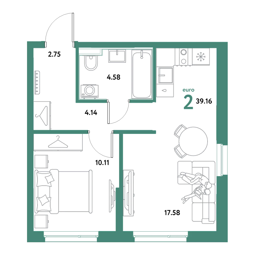 Планировка: Евродвушка 39,16 м²