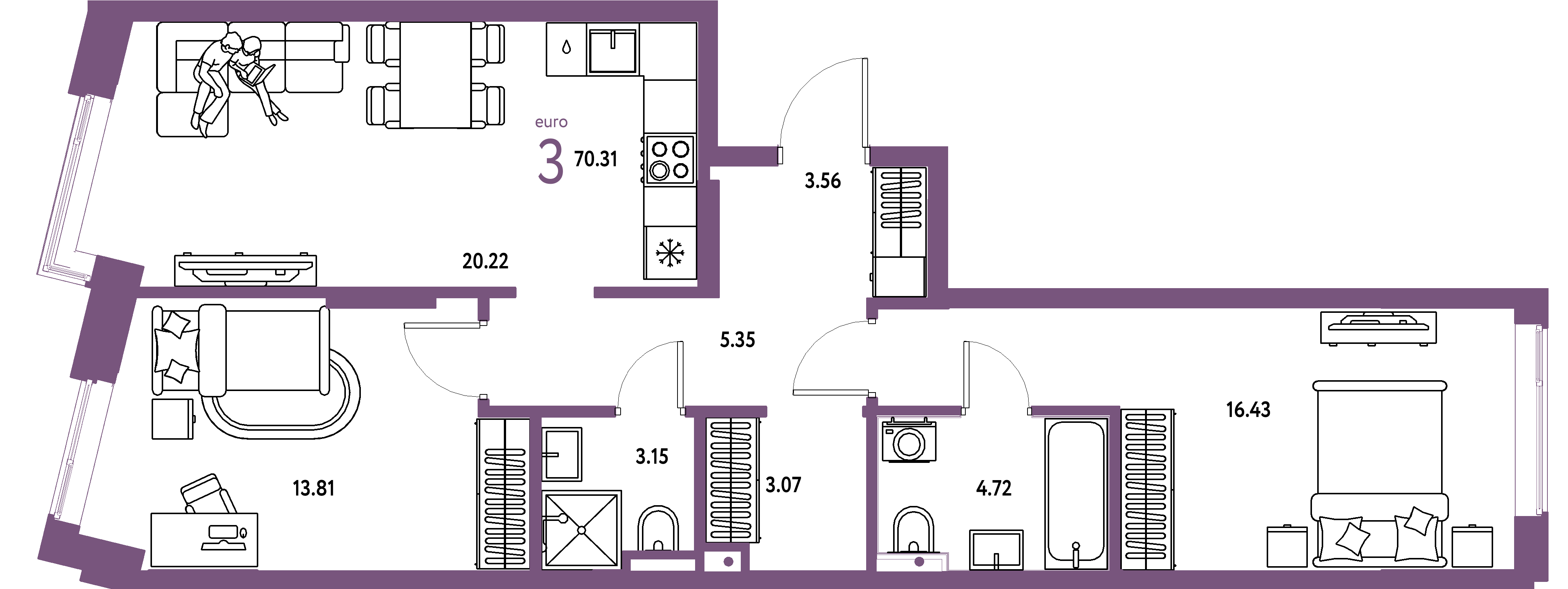Планировка: Евротрёшка 70,31 м² в ЖК «Остров-сад»