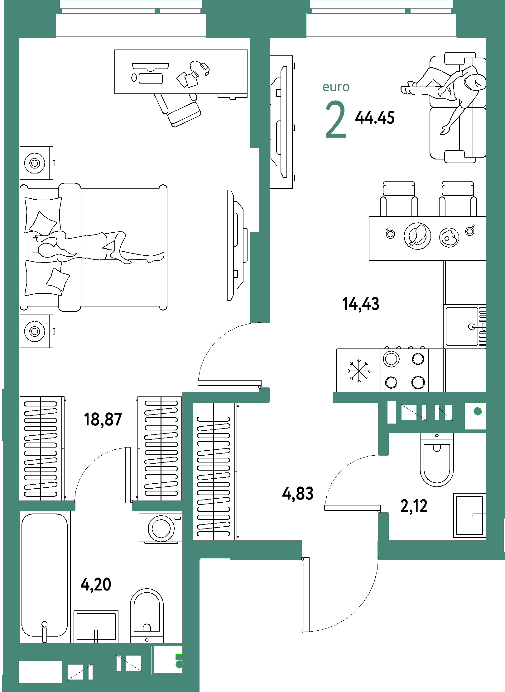 Планировка: Евродвушка 44,45 м² в ЖК «Авторский»