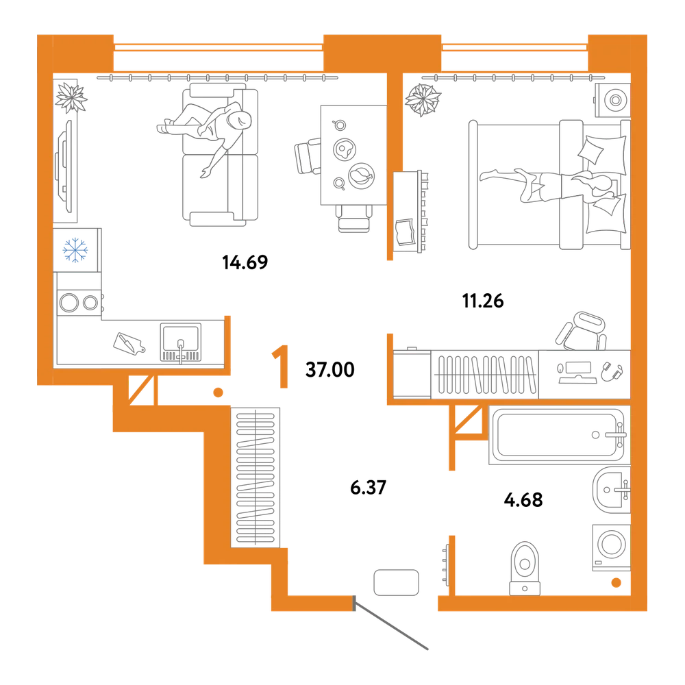 Планировка: 1-комнатная 37 м²