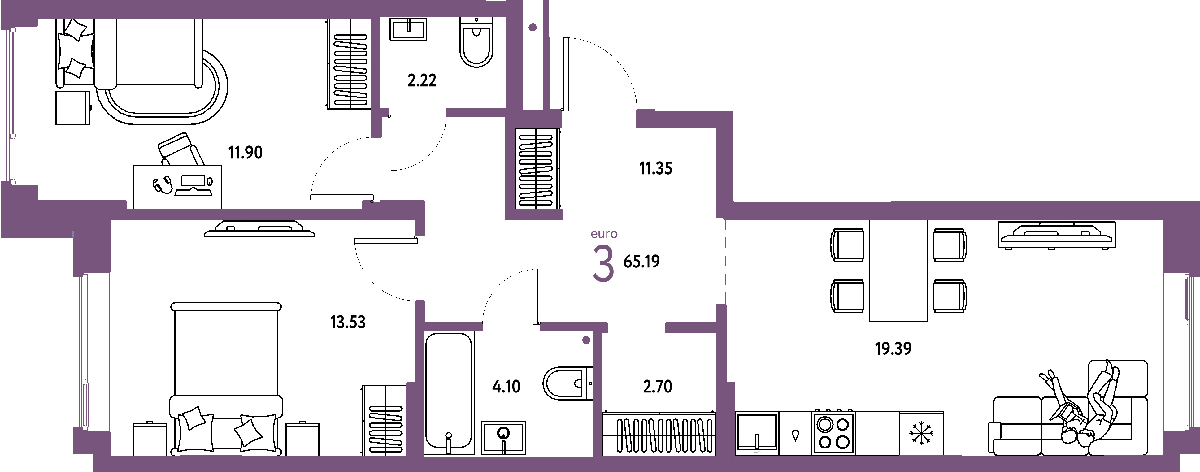 Планировка: Евротрёшка 65,19 м² в ЖК «Домашний»