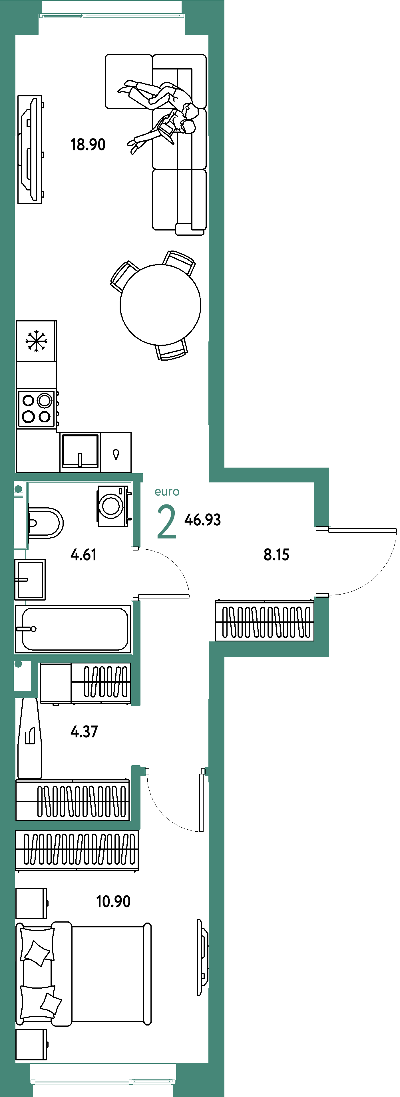 Планировка: Евродвушка 46,93 м² в ЖК «Остров-сад»